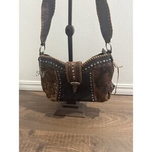 American West Western Handbag Purse Studs Cow Hide Brown Tooled Leather